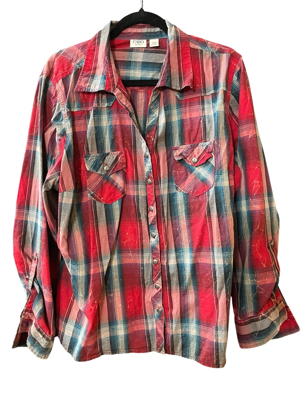 🤠 Cato Red, Blue & Cream Plaid Button Shirt
